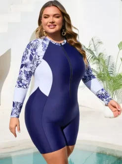 Floral Sleeve Zip Up Plus Size Athletic One Piece Swimsuit
