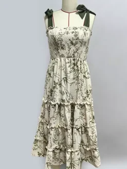 Floral Smocked Midi Dress For Women - Sage Green Boho Tie Shoulder Tiered Ruffle A-Line Sun Dress - Summer Beach Vacation 2026