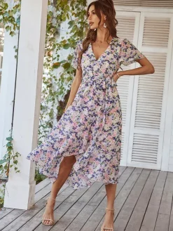 Floral Wrap Midi Dress for Women - Short Ruffle Sleeve High-Low Printed Dress - Summer Garden Wedding Guest Wear 2026