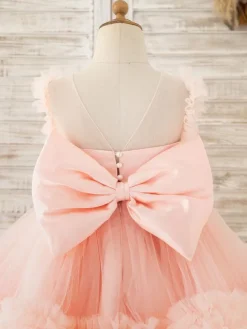 Flower Girl Dress Tulle Pearls Jewel Neck Sleeveless Pink Free Customization