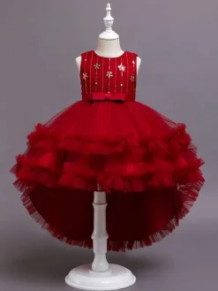 Flower Girl Dresses A-Line Jewel Neck Sleeveless Red Bows Sequined Tulle Cotton Kids Social Party Dresses Princess Dress