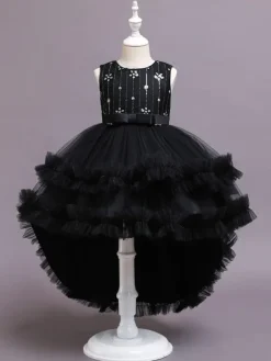Flower Girl Dresses A-Line Jewel Neck Sleeveless Red Bows Sequined Tulle Cotton Kids Social Party Dresses Princess Dress