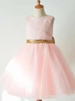 Flower Girl Dresses Bows Sleeveless Jewel Neck Pink Kids Party Dresses
