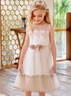 Flower Girl Dresses Champagne Jewel Neck Sleeveless Lace Tulle Flowers Kids Social Party Dresses