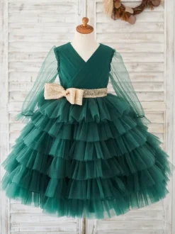 Flower Girl Dresses Green V-Neck Long Sleeves Sash Kids Social Party Dresses Free Customization