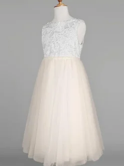 Flower Girl Dresses Ivory Tulle Jewel Neck Sleeveless Lace Formal Kids Pageant Dresses