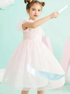 Flower Girl Dresses Jewel Neck Short Sleeves Formal Kids Pageant Dresses