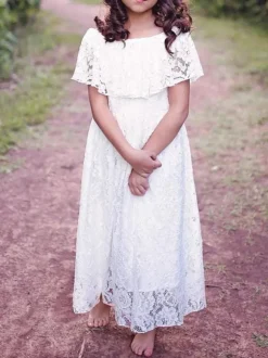Flower Girl Dresses Jewel Neck Lace Short Sleeves Ankle Length A Line Pleated Formal Kids Pageant Dresses
