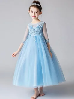 Flower Girl Dresses Jewel Neck Half Sleeves Bows Kids Party Dresses