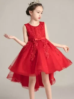 Flower Girl Dresses Jewel Neck Lace Sleeveless Knee-Length A-Line Bows Red Kids Social Party Dresses
