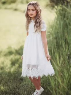 Flower Girl Dresses Tulle Jewel Neck Short Sleeves Knee Length A Line Kids Party Dresses