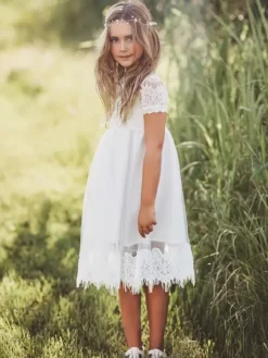Flower Girl Dresses Tulle Jewel Neck Short Sleeves Knee Length A Line Kids Party Dresses