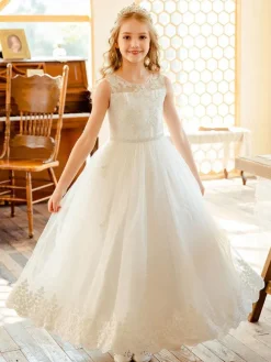 Flower Girl Dresses White Jewel Neck Sleeveless Lace Kids Social Party Dresses