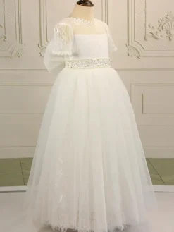 Flower Girl Dress Cotton Blend Ruffles Jewel Neck Short Sleeves White