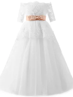 Flower Girl Dresses Bateau Neck Lace Half Sleeves Ankle Length Princess Silhouette Bows Kids Formal Pageant Dresses