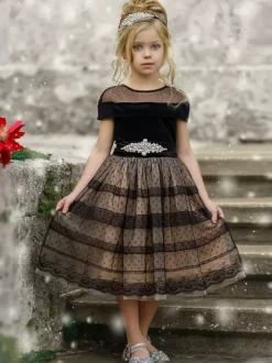 Flower Girl Dresses Black Polyester Short Sleeves Jewel Neck Flower Girl Dresses