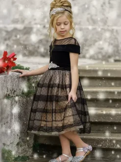 Flower Girl Dresses Black Polyester Short Sleeves Jewel Neck Flower Girl Dresses