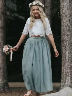 Flower Girl Dresses Blue Gray Tulle Half Sleeves Jewel Neck Flower Girl Dresses
