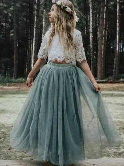 Flower Girl Dresses Blue Gray Tulle Half Sleeves Jewel Neck Flower Girl Dresses