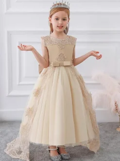 Flower Girl Dresses Champagne Lace Sleeveless Jewel Neck Flower Girl Dresses