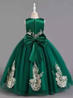 Flower Girl Dresses Green Satin Fabric Sleeveless Jewel Neck Flower Girl Dresses