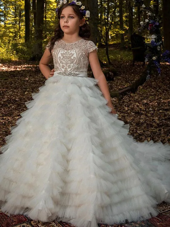 Flower Girl Dresses Jewel Neck Short Sleeves Embroidered Kids Party Dresses