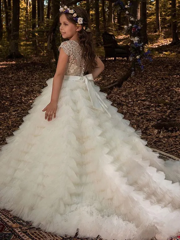 Flower Girl Dresses Jewel Neck Short Sleeves Embroidered Kids Party Dresses