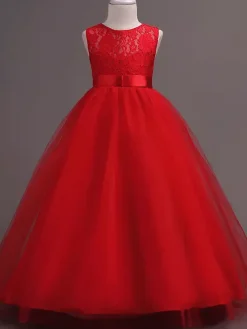 Flower Girl Dresses Jewel Neck Sleeveless Floor Length Bows Formal Kids Pageant Party Dresses