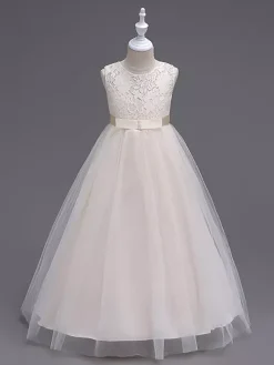 Flower Girl Dresses Jewel Neck Sleeveless Floor Length Bows Formal Kids Pageant Party Dresses