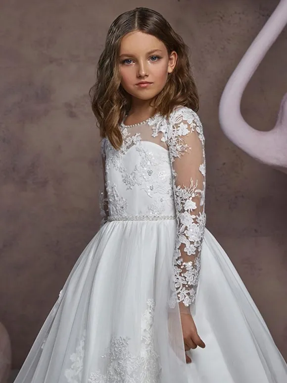Flower Girl Dresses Jewel Neck Long Sleeves Embroidered Kids Party Dresses