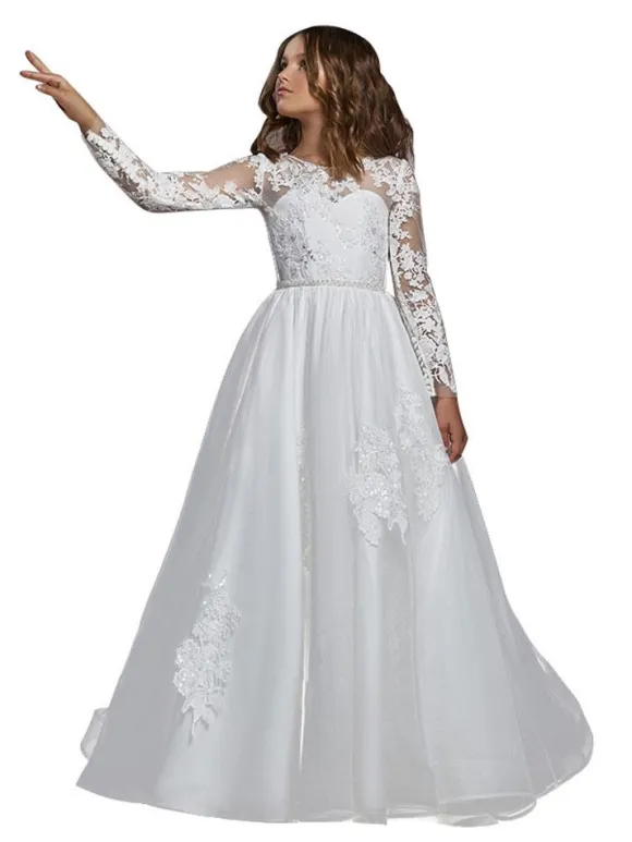 Flower Girl Dresses Jewel Neck Long Sleeves Embroidered Kids Party Dresses