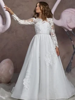 Flower Girl Dresses Jewel Neck Long Sleeves Embroidered Kids Party Dresses