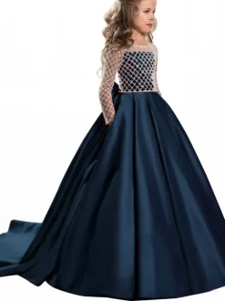 Flower Girl Dresses Jewel Neck Long Sleeves Buttons Formal Kids Pageant Dresses
