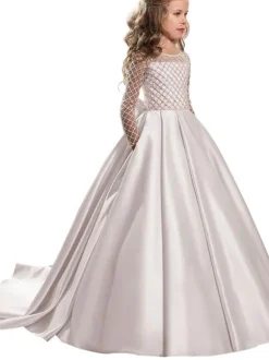 Flower Girl Dresses Jewel Neck Long Sleeves Buttons Formal Kids Pageant Dresses