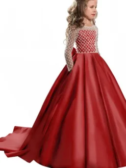 Flower Girl Dresses Jewel Neck Long Sleeves Buttons Formal Kids Pageant Dresses