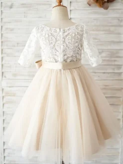 Flower Girl Dresses Jewel Neck Half Sleeves Sash Kids Social Party Dresses