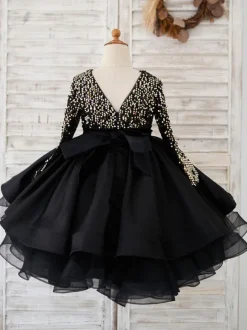 Flower Girl Dresses Jewel Neck Satin Long Sleeves Knee-Length Princess Silhouette Sash Formal Kids Pageant Dresses Free Customization