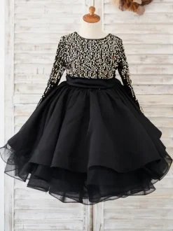 Flower Girl Dresses Jewel Neck Satin Long Sleeves Knee-Length Princess Silhouette Sash Formal Kids Pageant Dresses Free Customization