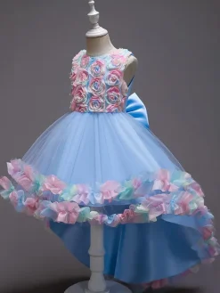 Flower Girl Dresses Pink Jewel Neck Sleeveless Bows Flowers Tulle Cotton Formal Kids Pageant Dresses