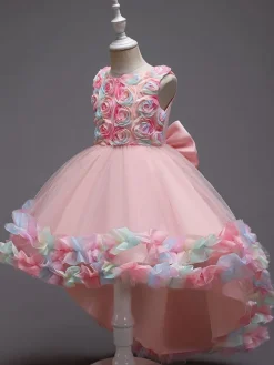 Flower Girl Dresses Pink Jewel Neck Sleeveless Bows Flowers Tulle Cotton Formal Kids Pageant Dresses