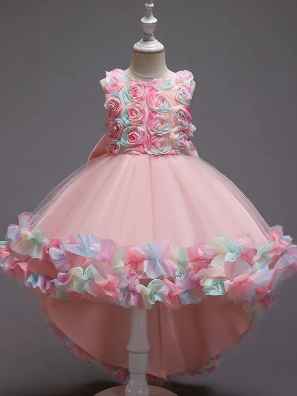 Flower Girl Dresses Pink Jewel Neck Sleeveless Bows Flowers Tulle Cotton Formal Kids Pageant Dresses
