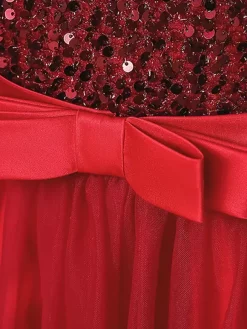 Flower Girl Dresses V-Neck Tulle Long Sleeves Ankle-Length A-Line Bows Burgundy Kids Social Party Dresses