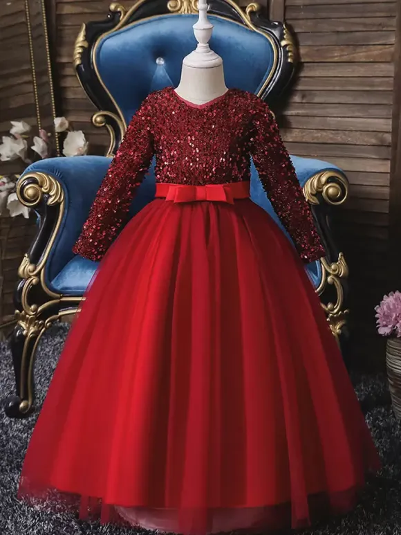 Flower Girl Dresses V-Neck Tulle Long Sleeves Ankle-Length A-Line Bows Burgundy Kids Social Party Dresses