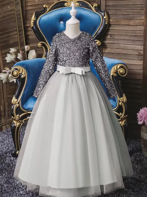 Flower Girl Dresses V-Neck Tulle Long Sleeves Ankle-Length A-Line Bows Burgundy Kids Social Party Dresses