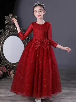 Flower Girl Dresses White Jewel Neck 3/4 Length Sleeves Tulle Lace Embroidered Formal Kids Pageant Dresses
