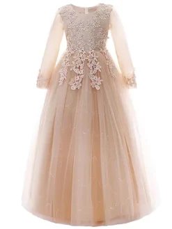 Flower Girl Dresses White Jewel Neck 3/4 Length Sleeves Tulle Lace Embroidered Formal Kids Pageant Dresses