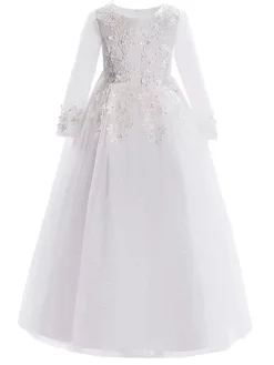 Flower Girl Dresses White Jewel Neck 3/4 Length Sleeves Tulle Lace Embroidered Formal Kids Pageant Dresses