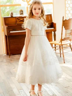 Flower Girl Dresses White Jewel Neck Lace Short Sleeves Tea-Length A-Line Lace Formal Kids Pageant Dresses