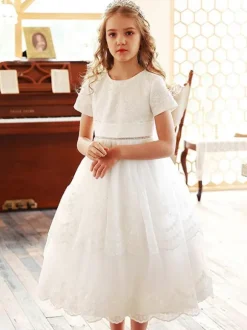 Flower Girl Dresses White Jewel Neck Lace Short Sleeves Tea-Length A-Line Lace Formal Kids Pageant Dresses
