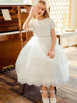 Flower Girl Dresses White Jewel Neck Lace Short Sleeves Tea-Length A-Line Lace Formal Kids Pageant Dresses